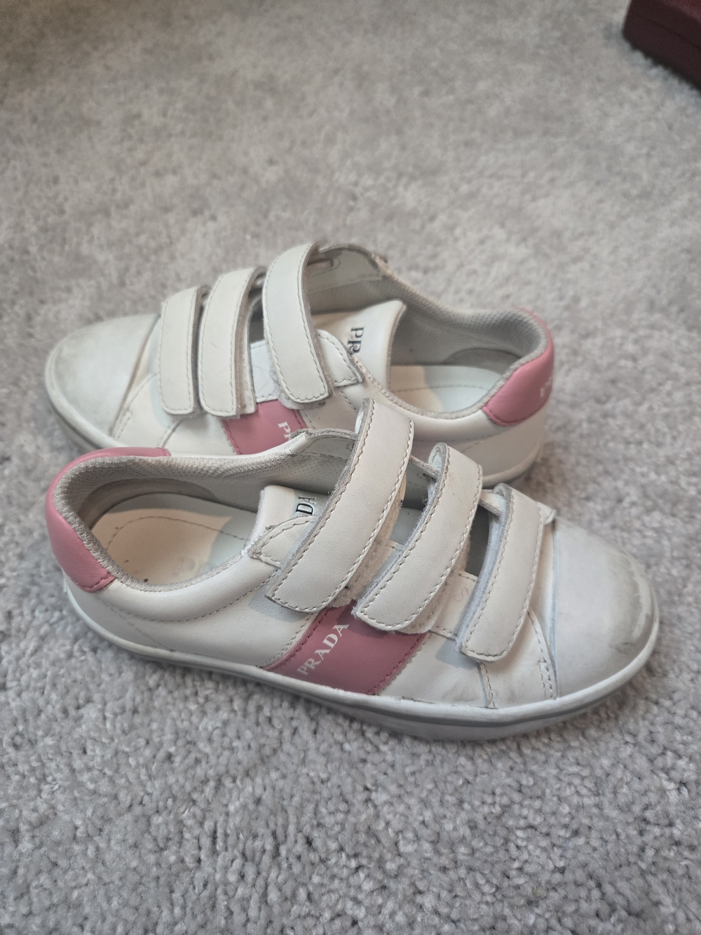 Prada Kids White Sneakers with Pink Accents Size 30 US 12 In Girls Shoe Size